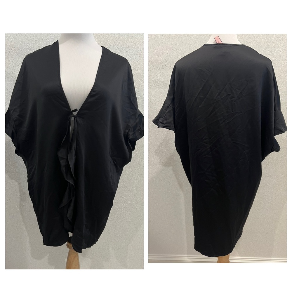 NEW Victoria’s Secret Kimono Satin Robe One Size Solid Black Ruffle Gift Bride